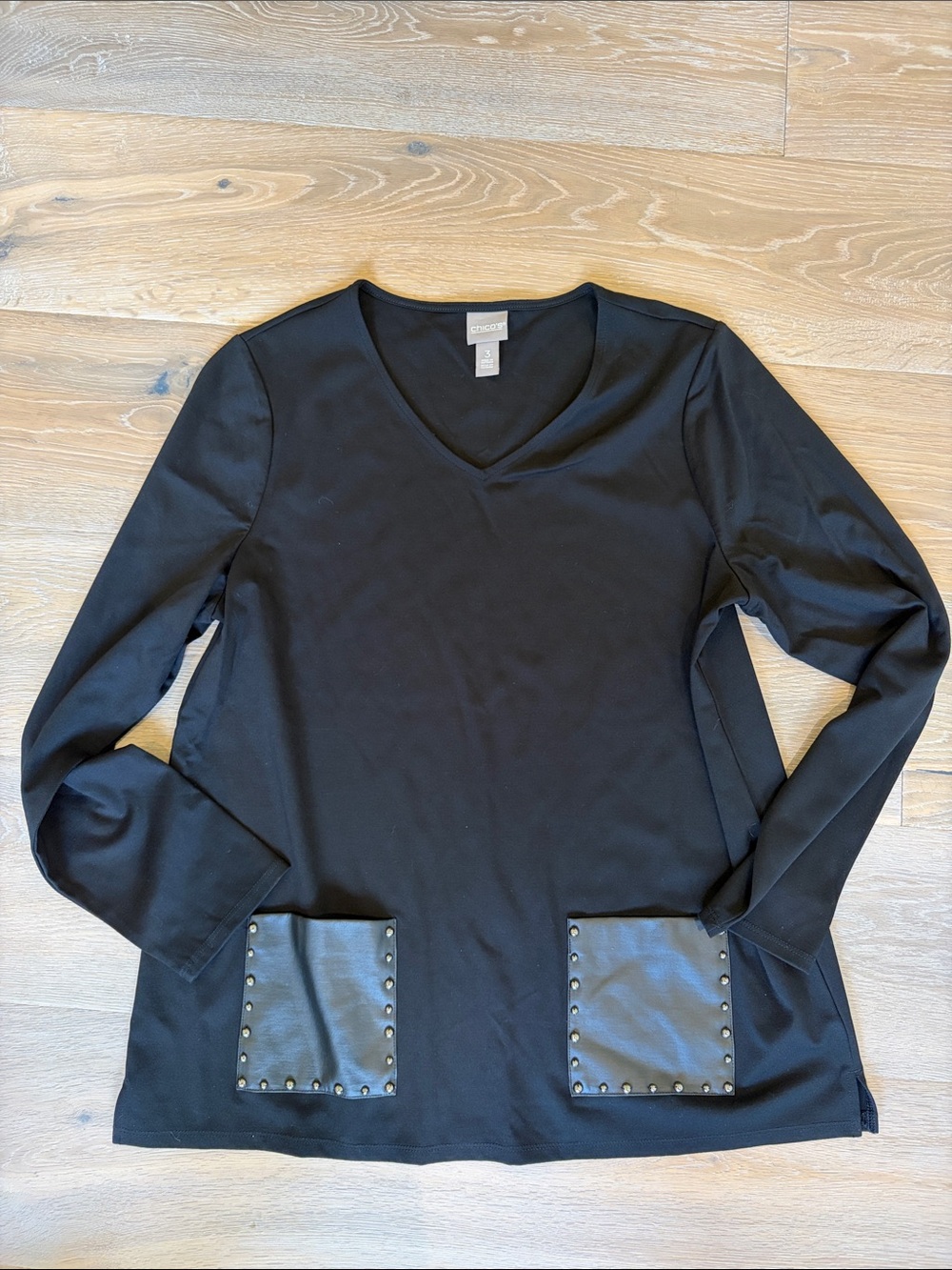 Chico's Black V-Neck Long Sleeve Top with Studded Pocket Accents